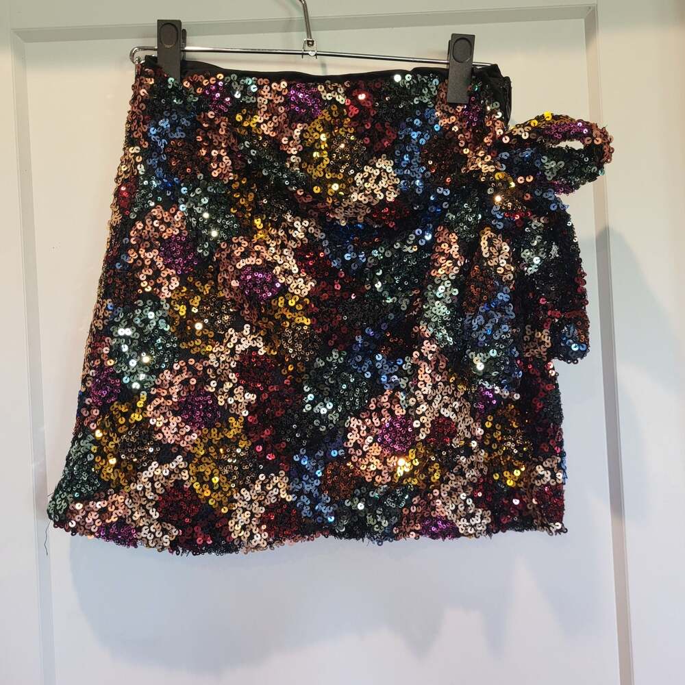 Lulus Prismatic Perfection Rainbow Sequin Tulip Mini Skirt, size M